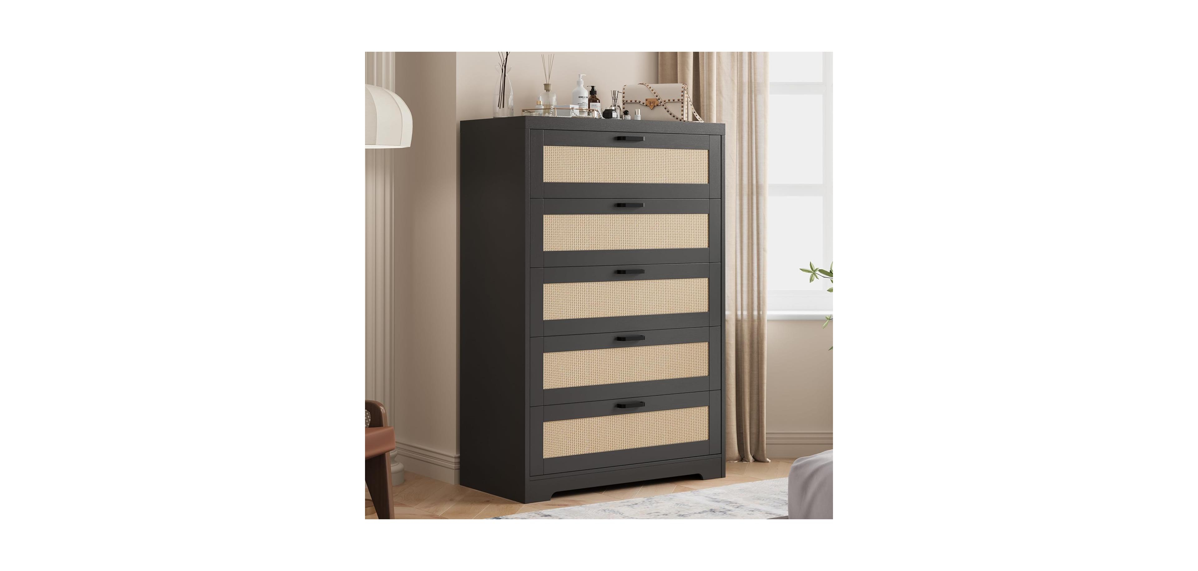 gaomon Tall 5 Drawer Rattan Dresser with Power Outlets, Wood Chest for Bedroom