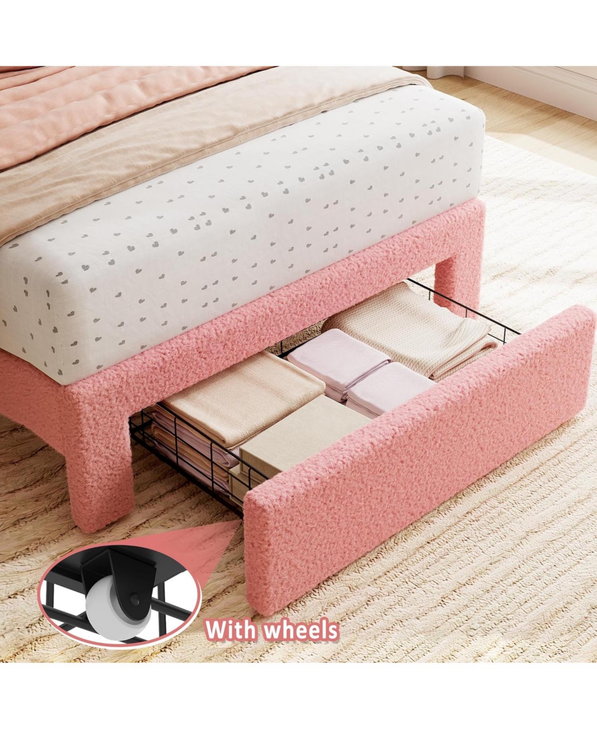 gaomon 2 Sets Bed Frame with Under-Bed Drawer, Upholstered Platform Bed with Wave Headboard for Kids/Girls, Wooden Slats Support