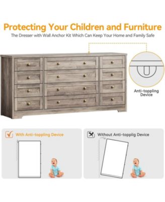 12 Drawer Wide Wooden Dresser, Storage Chest for Living Room or TV Stand