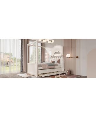 Twin Upholstered Platform Bed with Trundle, 3 Drawers & Canopy