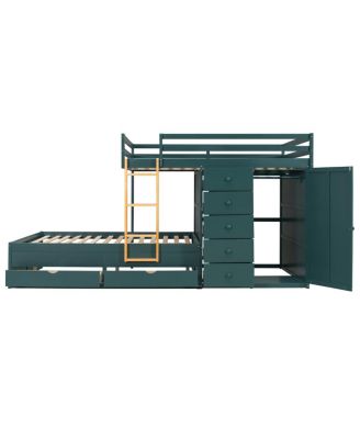 Full Size Bunk Bed with 2 Large & 5 Small Drawers, Wardrobe