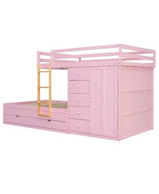 Full Size Bunk Bed with 2 Large & 5 Small Drawers, Wood & MDF
