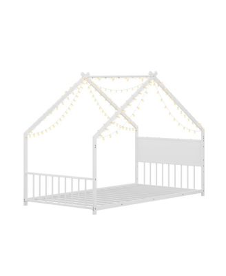 Twin Size House Bed with Roof & Lights, Metal Frame, No Box Spring