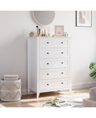 5 Drawers Dresser for Bedroom, Farmhouse Tall Wood Chest of Drawers for Clothes, Big Storage Dressers Organizer with Gold Handles