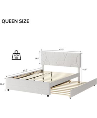 Trundle Bed Twin, Queen Size Upholstered Platform Bed Frame, Pull Out Bed with Headboard, Wood Slat Support, for Bed& Living Room, Guest