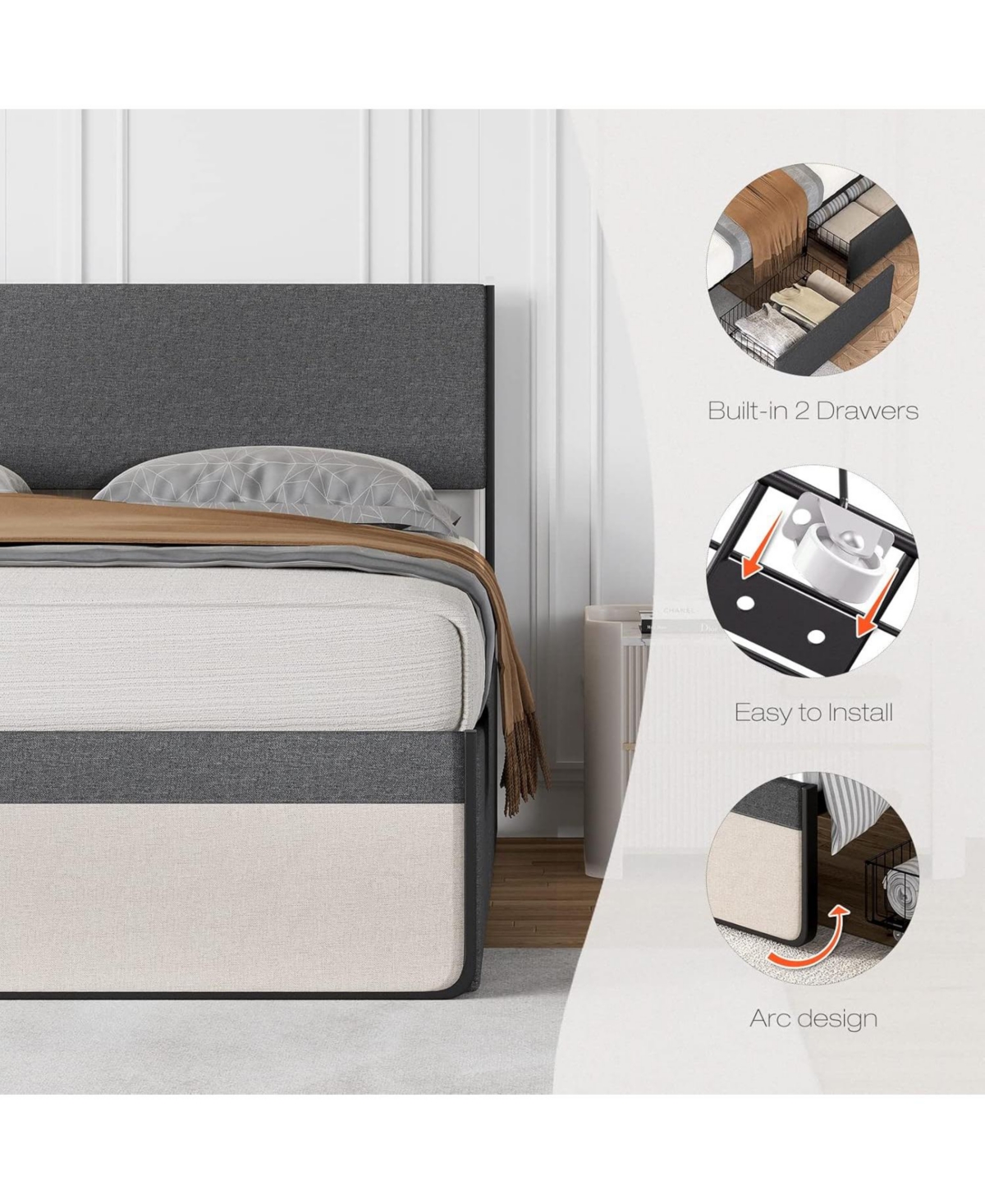 gaomon Upholstered Size Platform Bed Frame with 2 Storage Drawers and Headboard