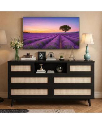 Rattan Wooden Dresser with 6 Drawers and Charging Station, 47" Modern Dresser with LED Lights and Open Shelves