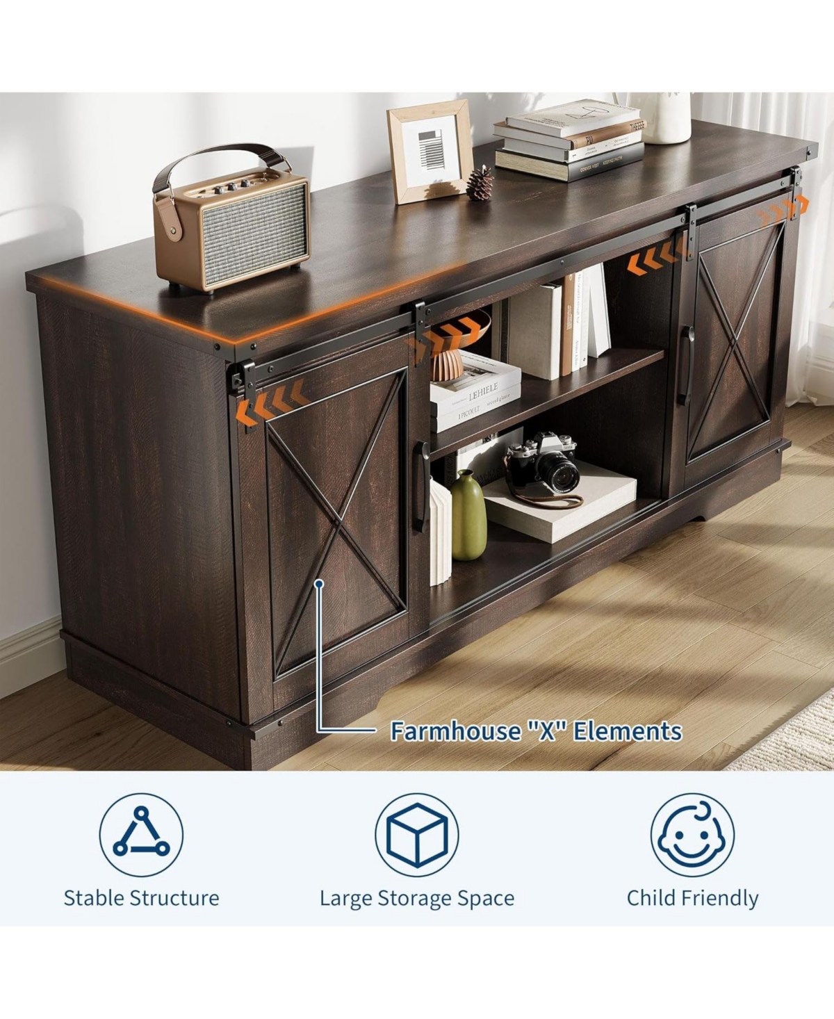 gaomon Farmhouse 59" Tv Stand Up to 65 Inches, Mid Century Modern Entertainment Center with Storage Cabinets