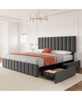 Full Linen Upholstered Platform Bed Frame with 4 Storage Drawers, Adjustable Headboard, Wooden Slats Support