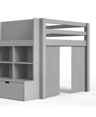 Loft Bed with Multi-Storage Shelves & Curtain, Chalkboard
