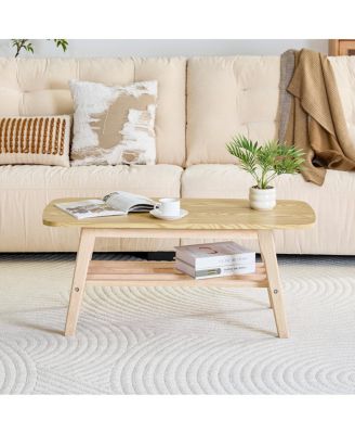 Solid Wood 2-Tier Coffee Table with Storage Shelf