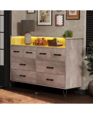 Dresser for Bedroom with LED Light & Charging Station, 8 Drawers with Open Space, Vintage Chest of Wide Drawers for Living Room.