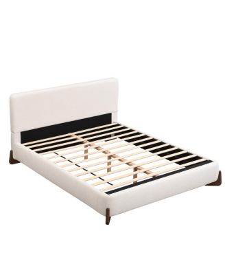 Elegant white queen upholstered bed with dark brown solid wood legs