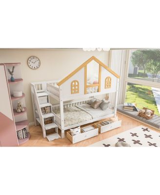 Full Size Wooden House Roof Bunk Bed with Window, Door, Storage & Stairs