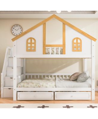 Full Size Wooden House Roof Bunk Bed with Window, Door, Storage & Stairs
