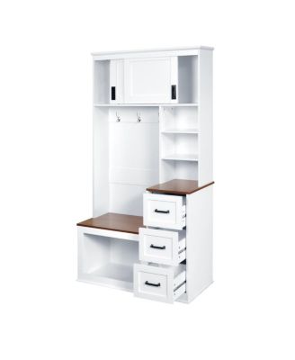 Modern Entryway Bench with Coat Rack, 3 Shelves, Drawers & Hooks