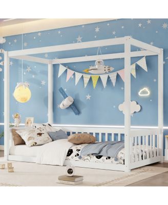 Twin Size Canopy Floor Bed with Fence