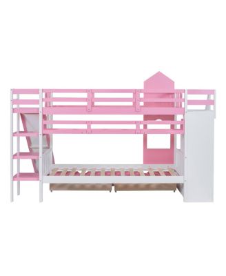 Twin-Over-Twin Castle Bunk Bed with Drawers, Shelves & Slide