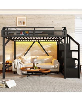 Full Loft Bed with Storage Stairs, Shelves, Wardrobe, USB, LED Lights