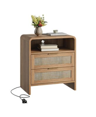 Rattan Nightstand with Charging Station, 2 Drawers, 22.8" Wide Bedside Table