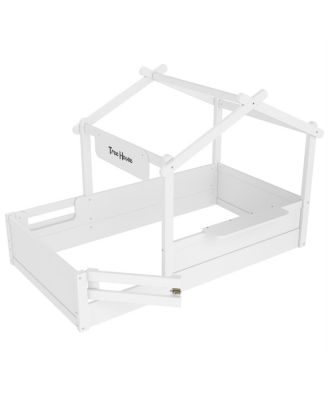 Twin Size House Floor Bed with Guardrails, Roof, Tray & Signboard