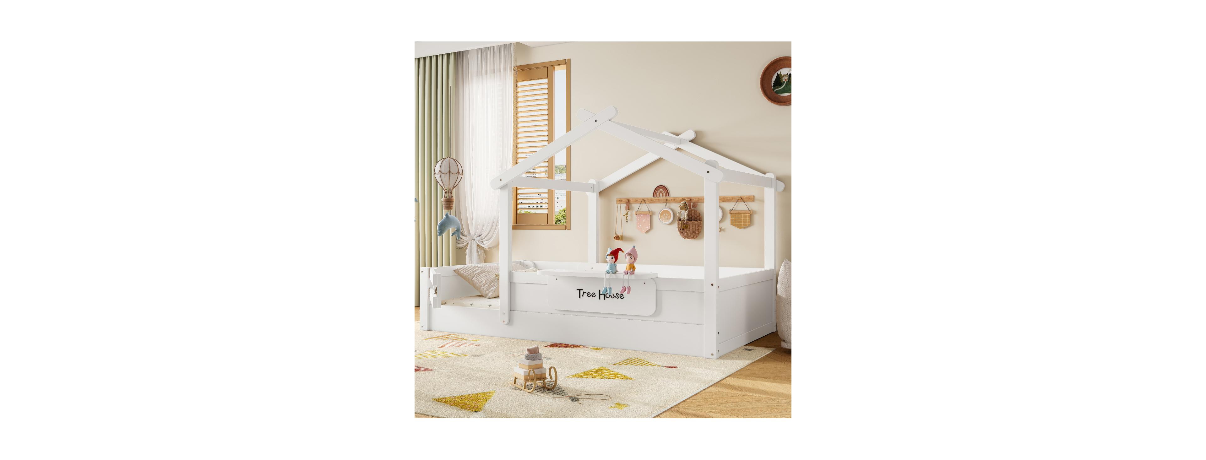 Streamdale Furniture Twin Size House Floor Bed with Guardrails, Roof, Tray & Signboard