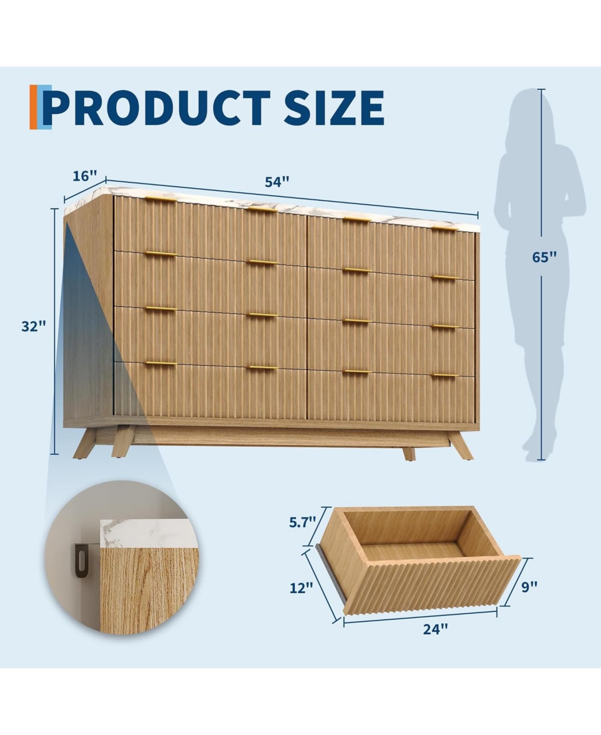 gaomon Fluted Drawers Dresser for Bedroom, 54" Wide Modern Chest of Drawers, Curved Profile Design