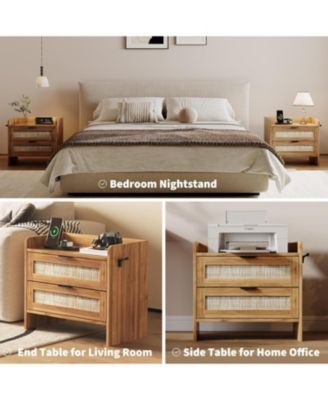 Rattan Bedside Table Nightstand, 2 Drawer, 1 Pcs Bedside Cabinet, Bedroom Organizer and Storage Cabinet