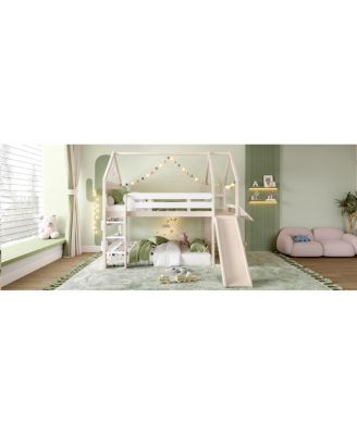 Streamdale Loft Bed with Bookshelf, Slide, and House-Shaped Design for Kids