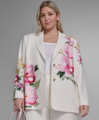 Plus Size Floral Printed Long-Sleeve Blazer