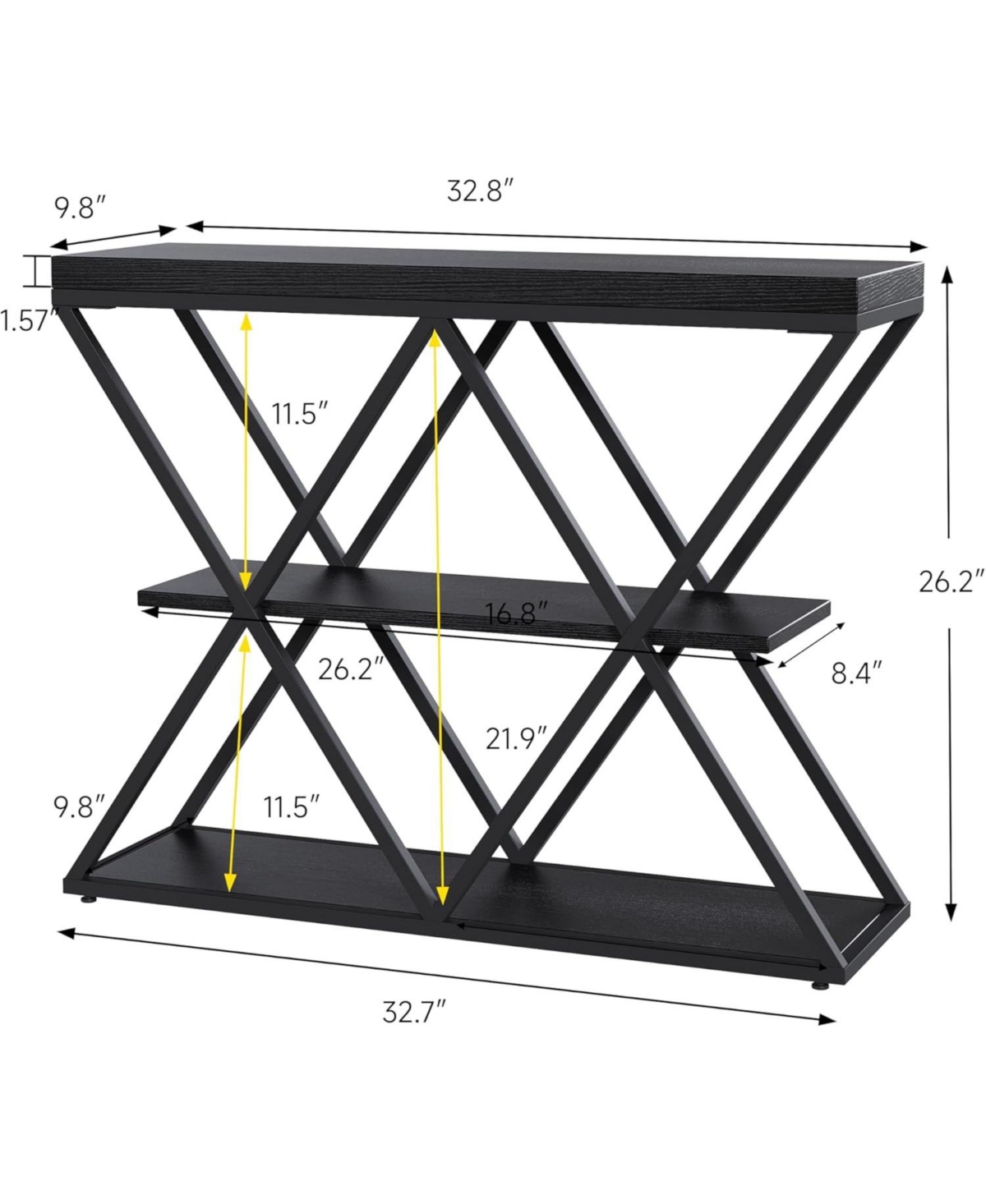 gaomon 3-Tier Industrial Entryway Table with x-Shaped Metal Frame, Open Shelf Console Sofa for Living Room, Hallway