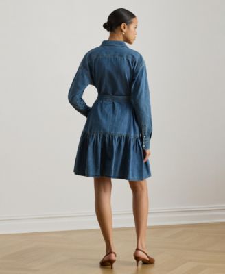 Women's Long-Sleeve Belted Tiered Collared Denim Shirt Dress