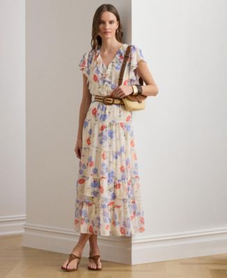lauren ralph lauren floral cotton voile tiered maxi dress Classic shirting gets a feminine twist in the Voile Tiered Shirtdress,  detailed with floral eyelet embroidery and a cinched waist. Explore more #LaurenRalphLauren  dresses via the link in bio