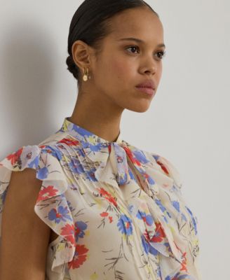 Women's Floral Pintucked Tie-Neck Blouse