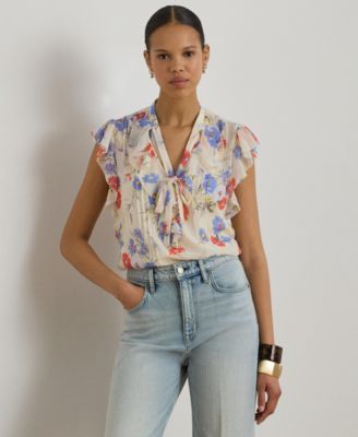 Women's Floral Pintucked Tie-Neck Blouse