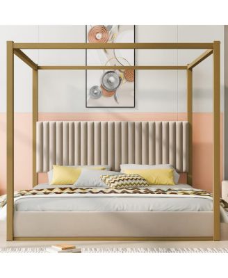 Streamdale King Size Beige Upholstery Canopy Platform Bed with Headboard & Metal Frame
