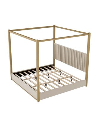 Streamdale King Size Beige Upholstery Canopy Platform Bed with Headboard & Metal Frame