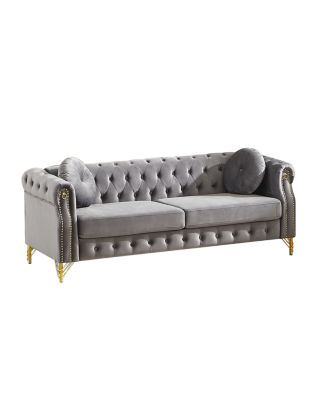 Streamdale Velvet Chesterfield Sofa with Pillows & Studs, Metal Legs