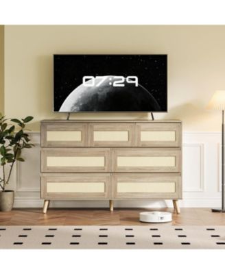 Rattan Dresser for Bedroom with 7 Drawers, 47.2 in Wide Chest of Drawers, Modern Wooden Dresser TV Stand with Wood Legs
