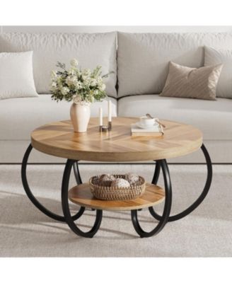 Round Coffee Table 30 Inch Center Table 2-Tier Coffee Table Industrial Accent Tables with Adjustable Feet Living Room Tables with Storage Shelf