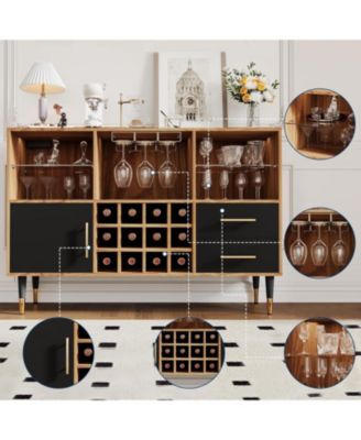 47 Inch Wine Bar Cabinet with LED Lights and Charging Station, Modern Wood Coffee Bar with Storage Sideboard for Living Room and Dining Room