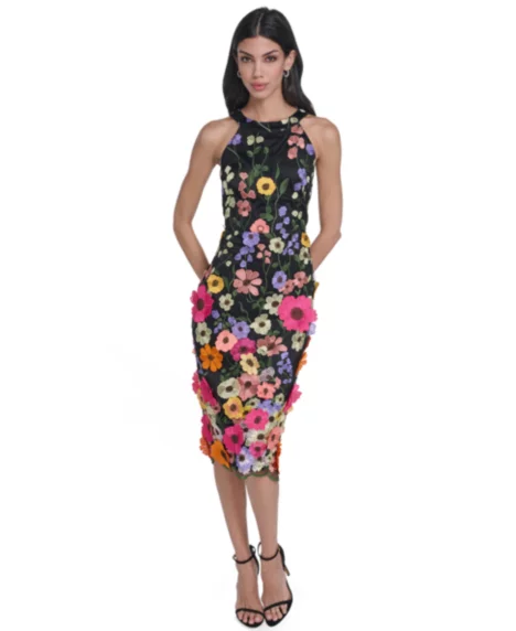 Petite Square Neck Embroidered Midi Dress - Black Multi