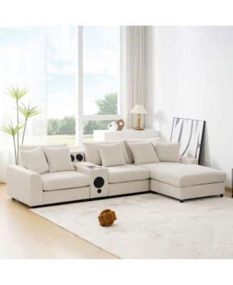 Streamdale 112" Corduroy Sectional Sofa w/ Bluetooth, Console, USB, Cup Holders, Storage