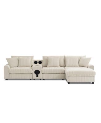 Streamdale 112" Corduroy Sectional Sofa w/ Bluetooth, Console, USB, Cup Holders, Storage