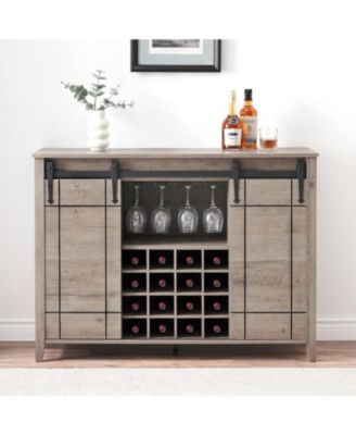 47 Inch Wine Bar Cabinet with Sliding Barn Door Buffet Sideboard Cabinet with 16 Bottle Wine Rack