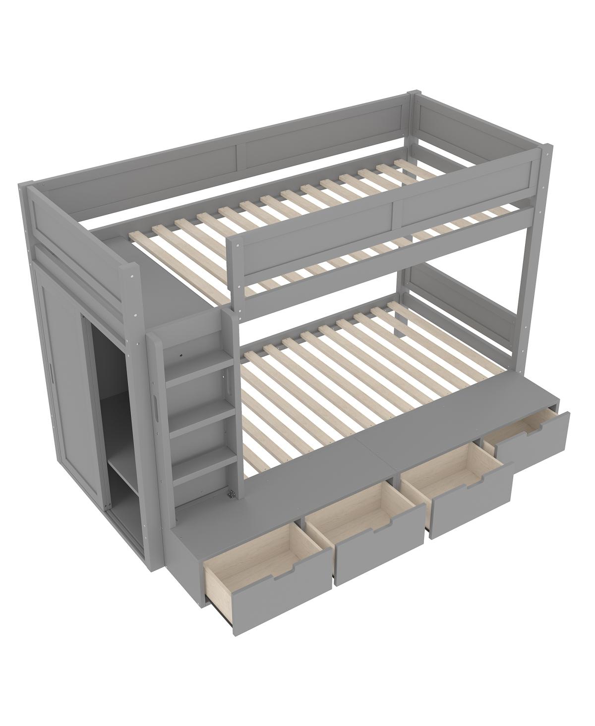 Streamdale Furniture Twin over Twin Bunk Bed w/ 4 Drawers, Wardrobe, No Box Spring Needed