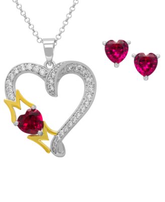 2-Pc. Lab Grown Ruby and Lab Grown White Sapphire (2.71 ct. t.w.) Mom Heart Pendant Necklace and Stud Earrings Set in Sterling Silver