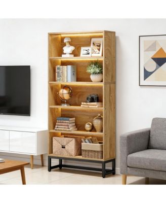 Tall Bookcase, 5-Tier Bookshelf with APP-Controlled LED Lighting, Closed Back Design and Adjustable Feet for Home Office, Living Room