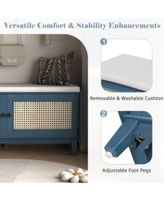 Rattan Shoe Storage Bench, Wooden Shoe Organizer with Cushion, 2 Doors, 2-Tier Shoe Rack and Adjustable Shelves for Entryway, Hallway