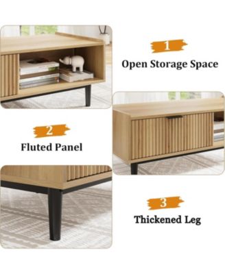 Coffee Table 42.5" Mid Century Modern Center Table with Drawer Fluted Living Room Table